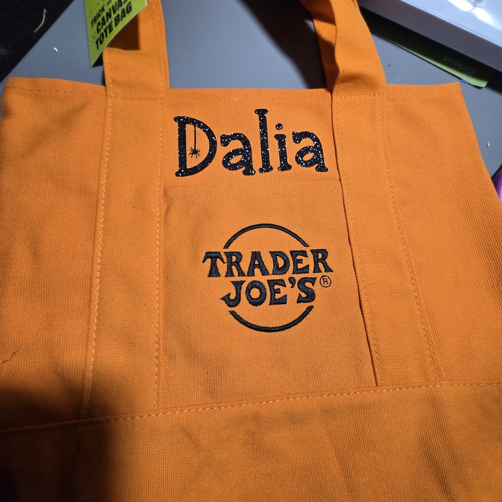 Custom Trader Joe's Orange Canvas Tote Bag -htv Name On Both Sides.